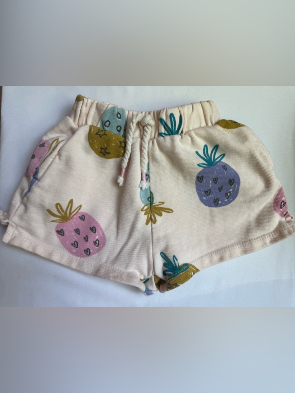 Zara Cream Shorts with Pink, Purple and Teal Pineapple Print